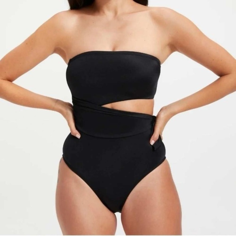 Good American Black‎ Bandeau Cutout One Piece Swimsuit Tie Waist Strapless